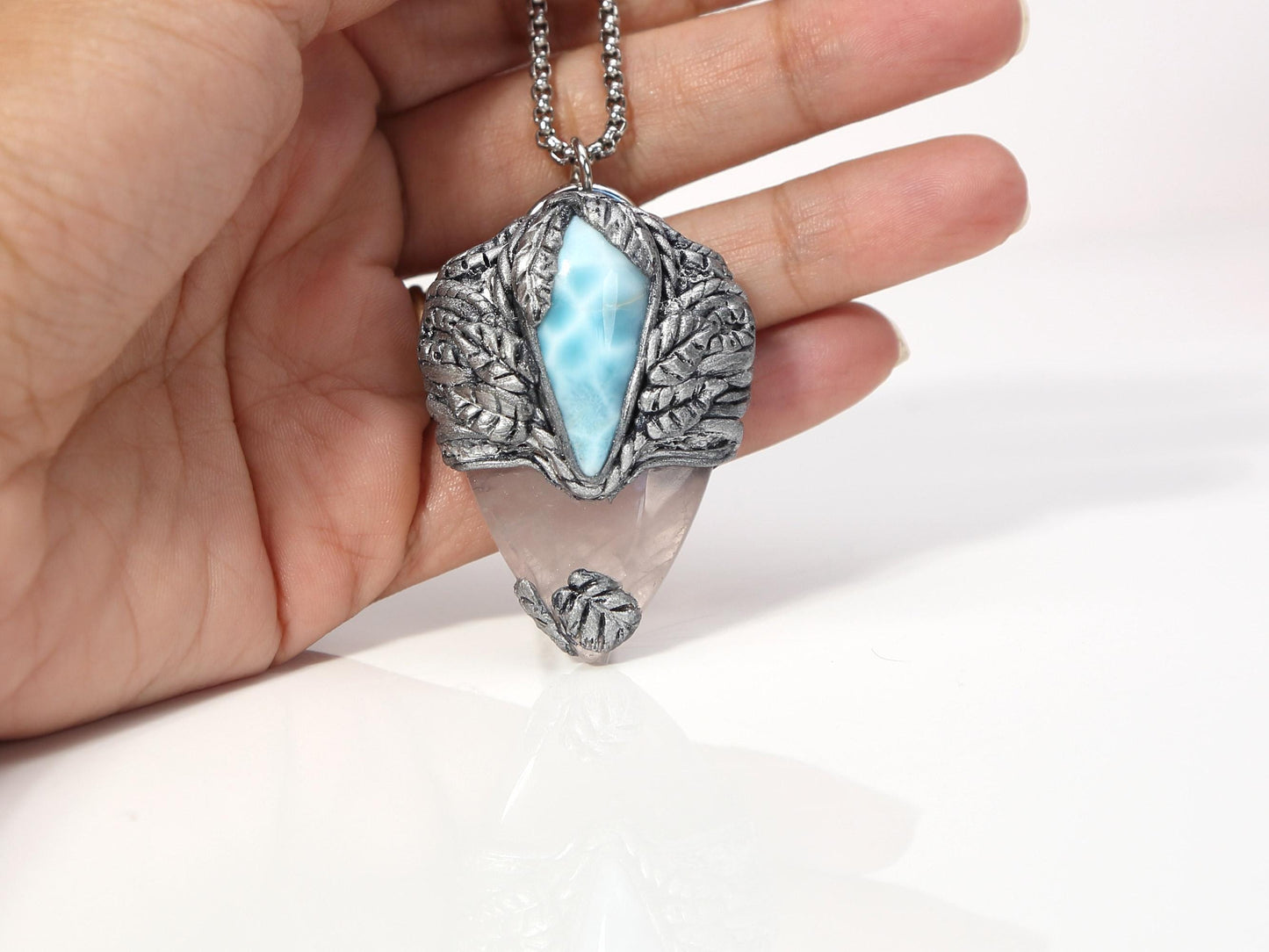 Pendentif en larimar et améthyste, collier talisman en pâte polymère et cristal, style punk, cadeau de Noël