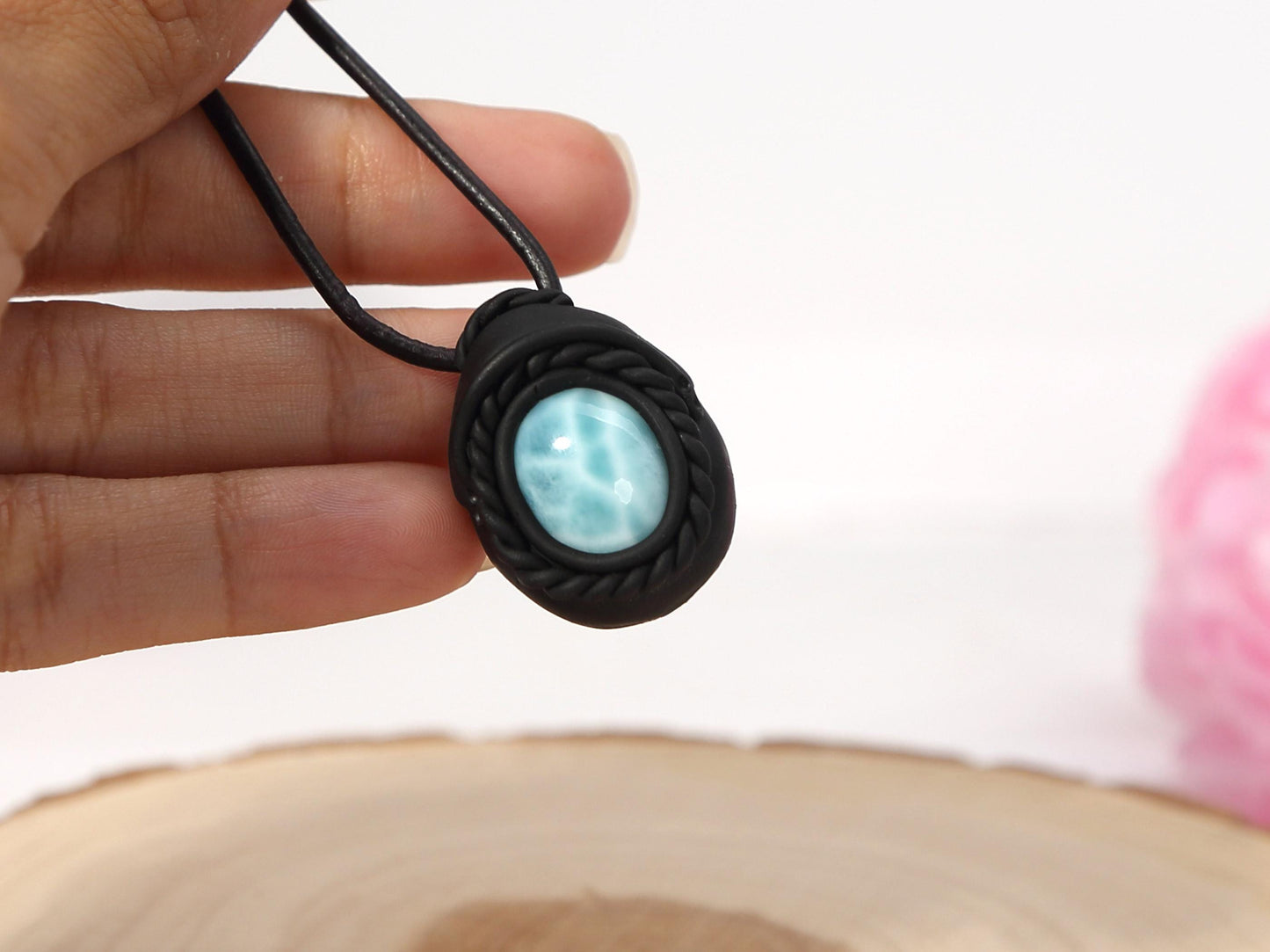 Larimar Stone Pendant: Handmade Polymer Clay Leather Necklace, Christmas gift