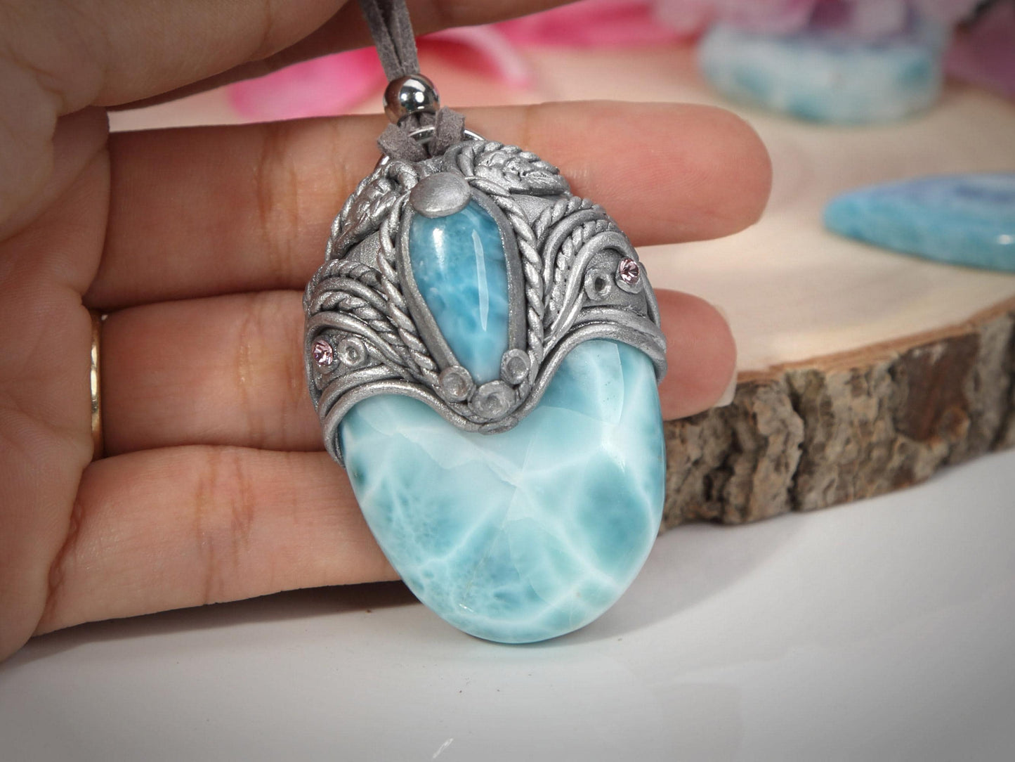 Big Double Larimar Stone Pendant, Polymer Clay, Crystal Talisman Pendant Necklace, Ocean Blue Larimar, Christmas gift