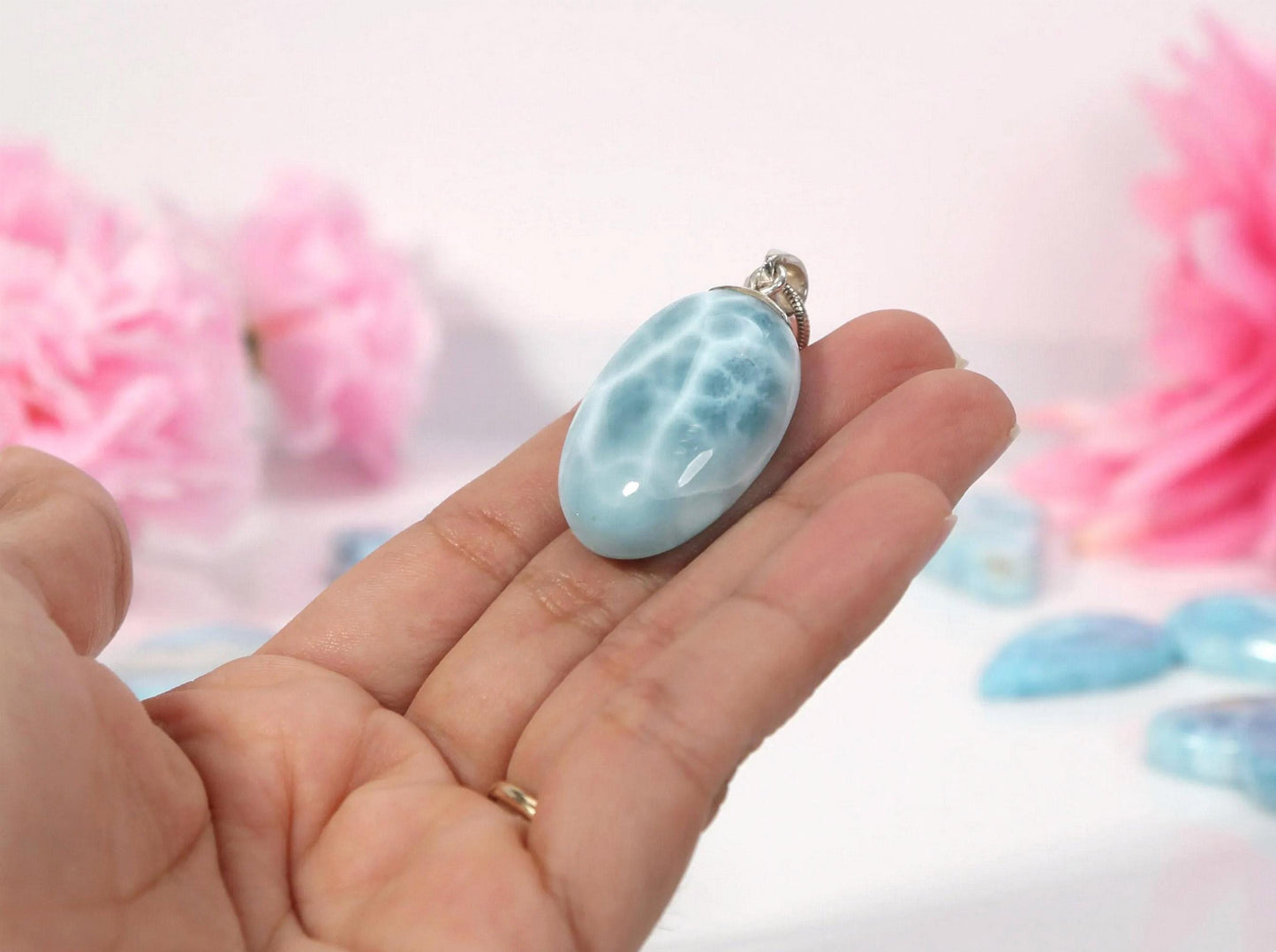 Ocean Blue  Larimar Pendant Necklace: Oval Sterling Silver, Christmas gift
