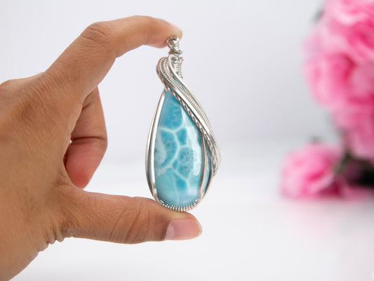 Statement Larimar Pendant, Silver wire wrapped  Larimar necklace, Top grade Larimar, AAA Larimar, Christmas gift