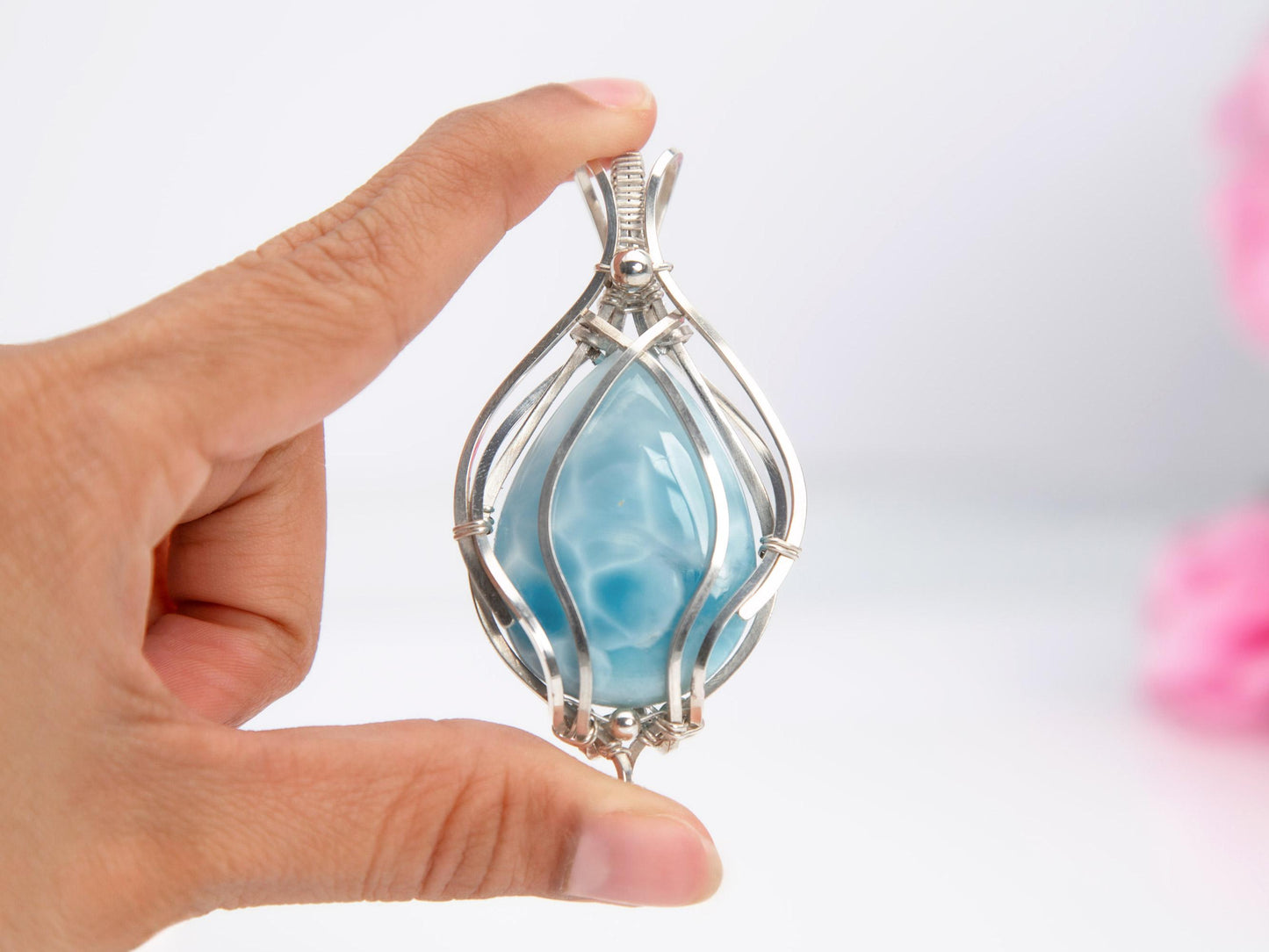 Larimar Pendant, Silver wire wrapped Statement Larimar necklace, Top grade Larimar, AAA Larimar, Christmas gift