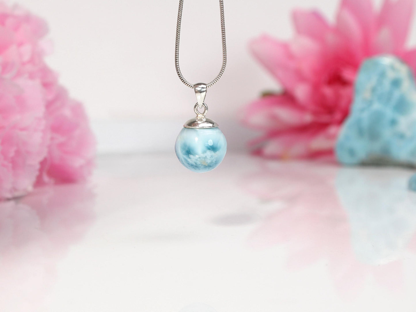 Ocean-Blue Larimar Sphere Pendant Necklace: AAA 925 Sterling Silver, Christmas gift