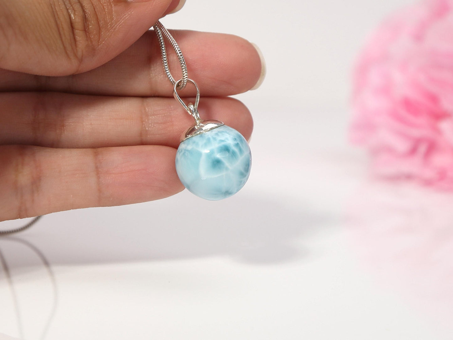 Ocean-Blue Larimar Sphere Pendant Necklace: AAA 925 Sterling Silver, Christmas gift