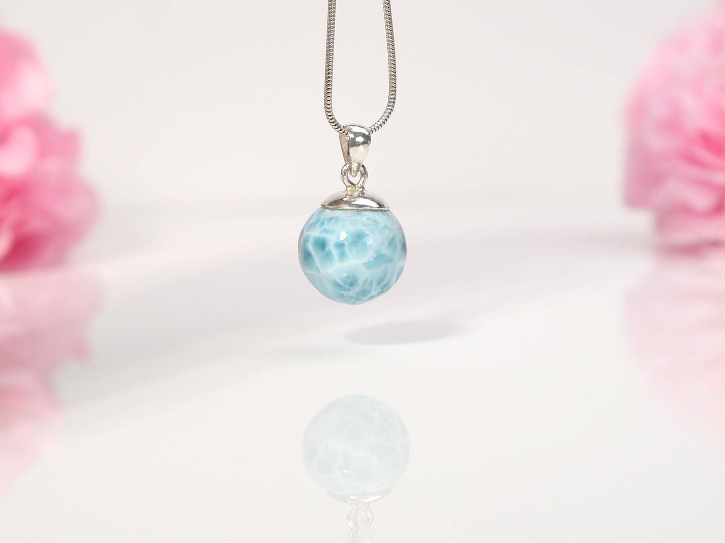 Ocean-Blue Larimar Sphere Pendant Necklace: AAA 925 Sterling Silver, Christmas gift