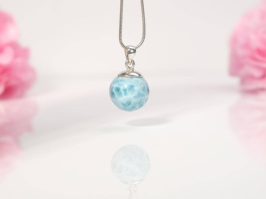Ocean-Blue Larimar Sphere Pendant Necklace: AAA 925 Sterling Silver, Christmas gift