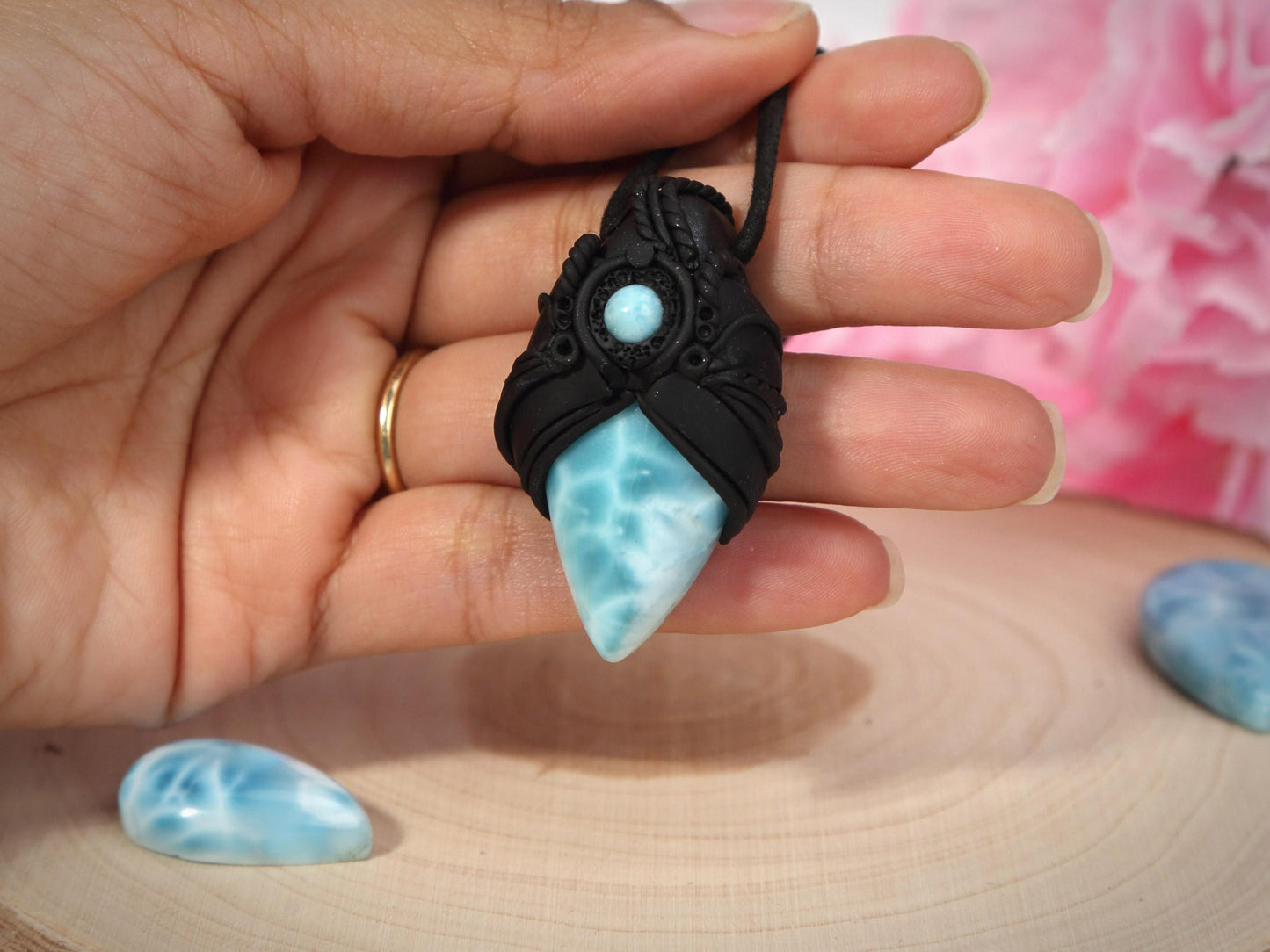 Double Larimar Stone Pendant, Polymer Clay, Crystal Talisman Pendant Necklace, Ocean Blue Larimar, Christmas gift