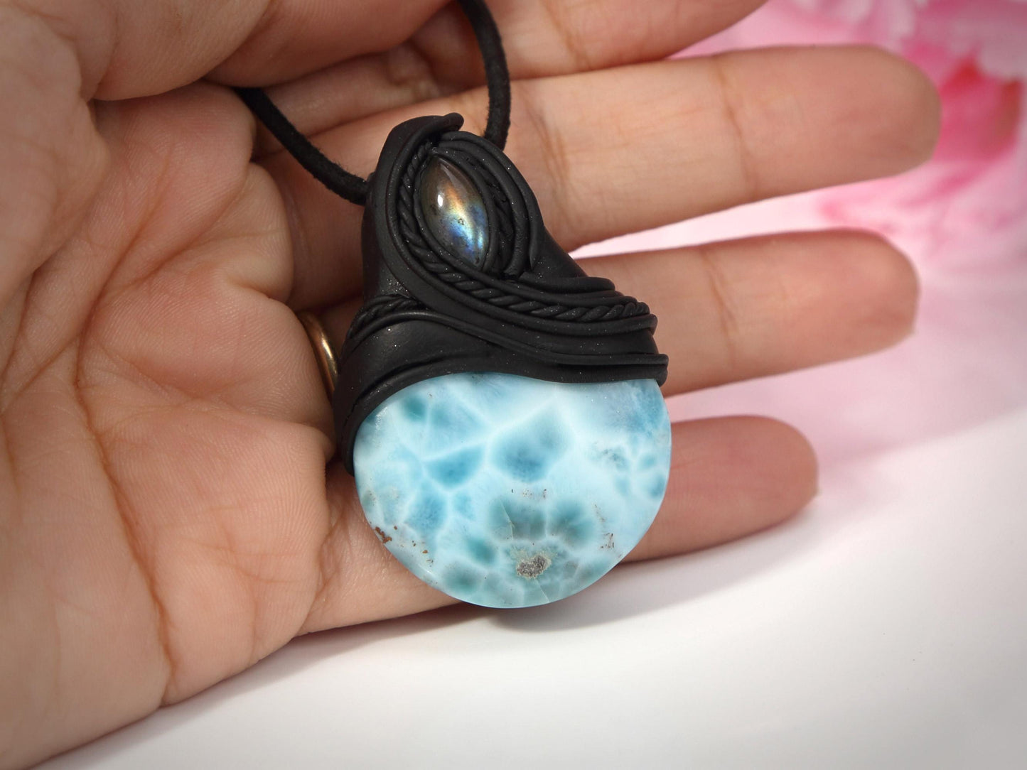 Larimar Stone and Labradorite Pendant Polymer Clay, Crystal Talisman Pendant Necklace, Ocean Blue Larimar, Christmas gift