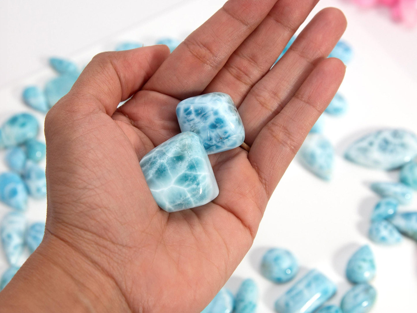 Two Ocean Blue Larimar Stone Tumbles: Turtleback Pattern Gemstone Set, Christmas gift