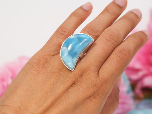 HIGH GRADE Larimar Ring, Moon AAA Larimar Ring, Ocean Blue Larimar ring, Super Blue Larimar, Christmas gift