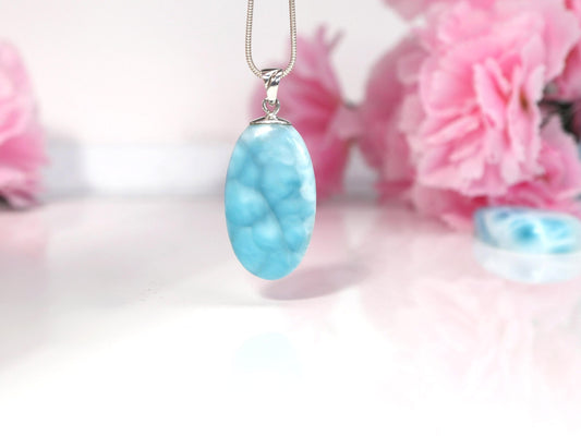 VIBRANT Top Grade Larimar Oval Pendant Necklace, AAA Larimar Stone Pendant, Silver Super Blue Larimar jewelry, Christmas gift