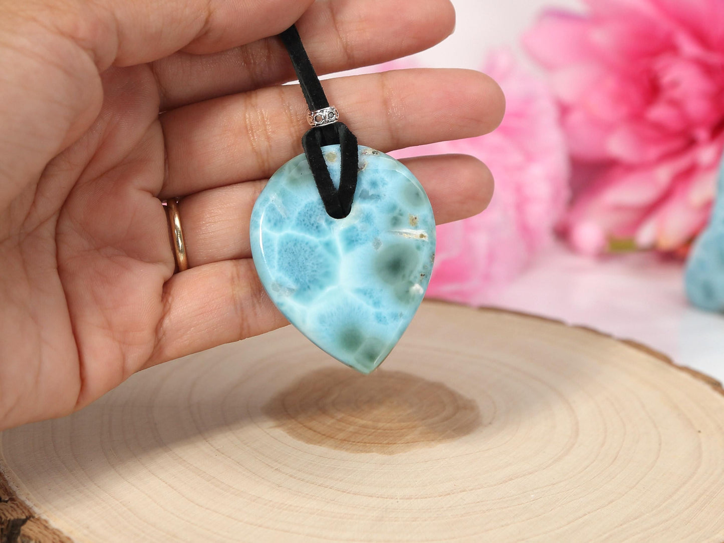 OCEAN-BLUE Drilled Teardrop Larimar Pendant with cord, Top-grade Larimar Stone Pendant Boho, Christmas gift
