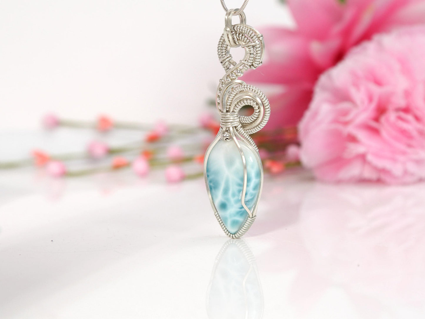 Exquisite Larimar Pendant, Silver wire wrapped  Larimar necklace, Top grade Larimar, AAA Larimar, Spiral Pendant, Christmas gift