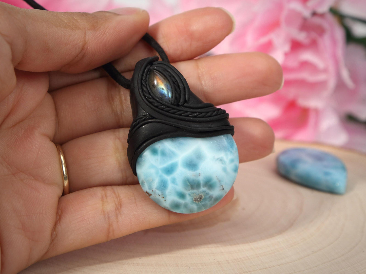 Larimar Stone and Labradorite Pendant Polymer Clay, Crystal Talisman Pendant Necklace, Ocean Blue Larimar, Christmas gift