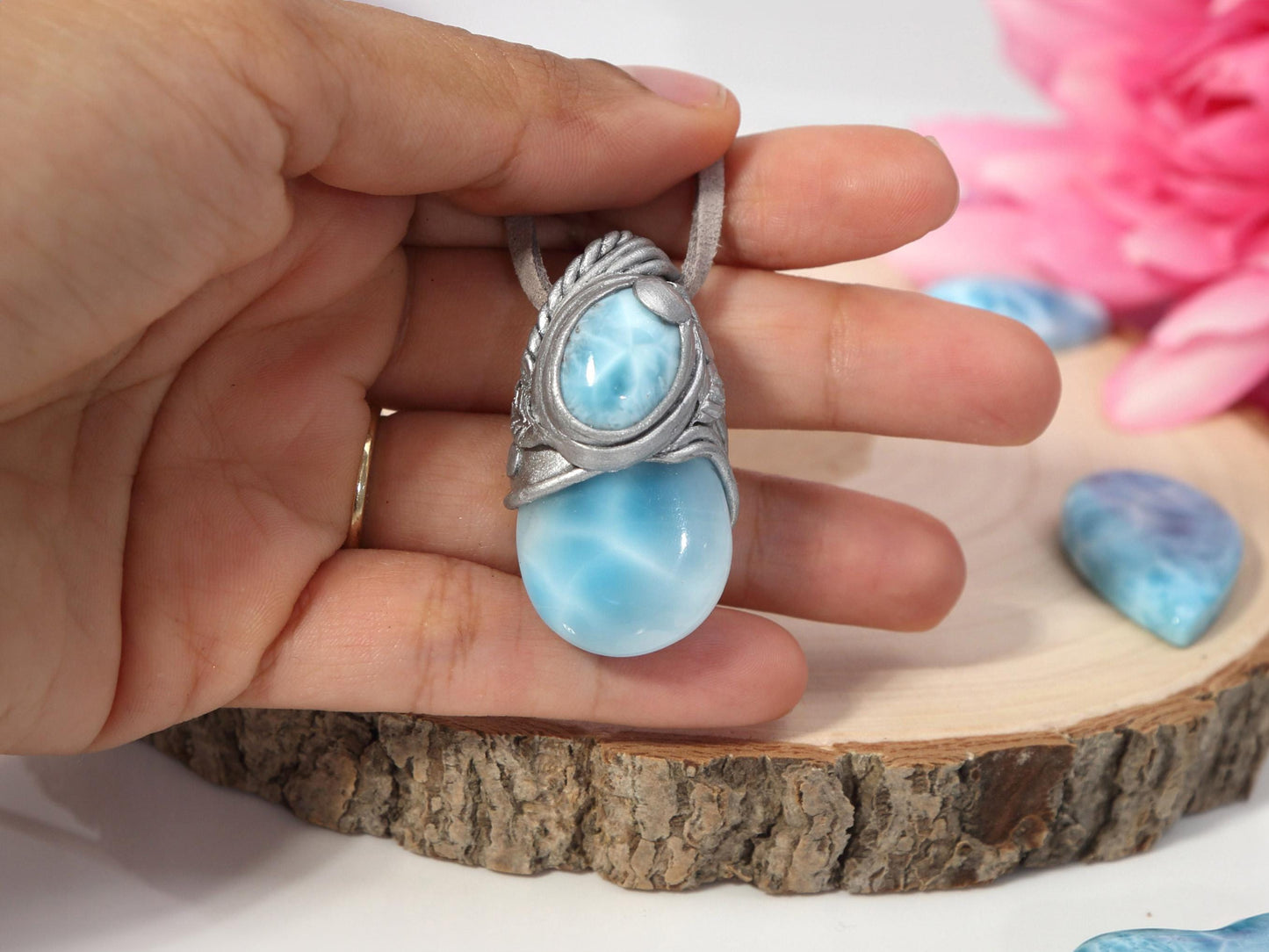 Double Larimar Stone Pendant, Polymer Clay, Crystal Talisman Pendant Necklace, Ocean Blue Larimar, Top grade Larimar, Christmas gift