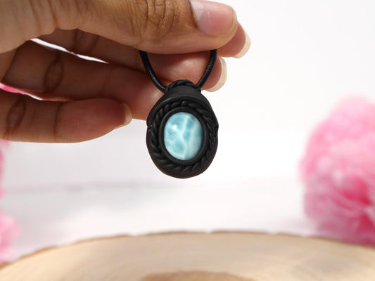 Larimar Stone Pendant: Handmade Polymer Clay Leather Necklace, Christmas gift