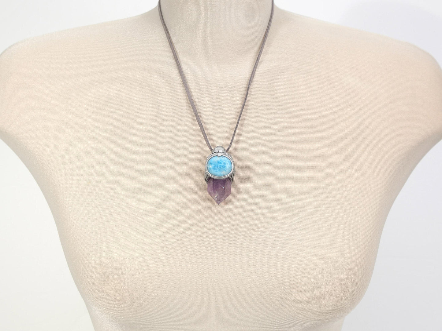 Larimar and  Amethyst Pendant, Polymer Clay Crystal Pendant Talisman Necklace, Amethyst Point, Christmas gift