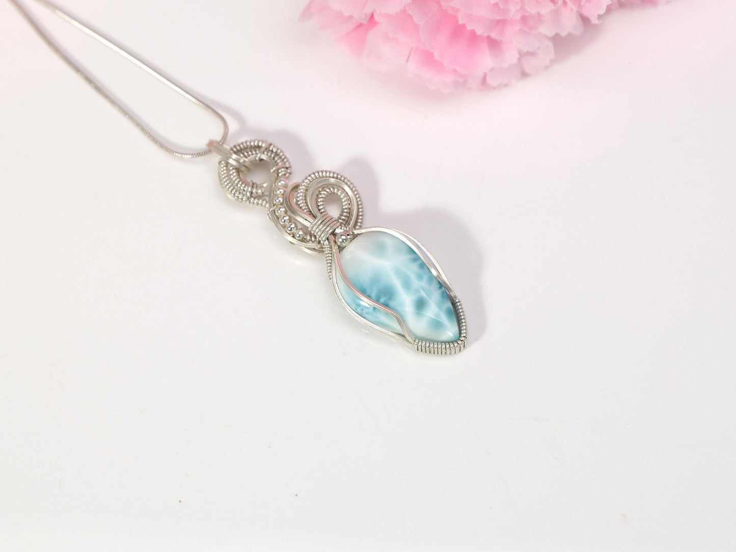 Exquisite Larimar Pendant, Silver wire wrapped  Larimar necklace, Top grade Larimar, AAA Larimar, Spiral Pendant, Christmas gift