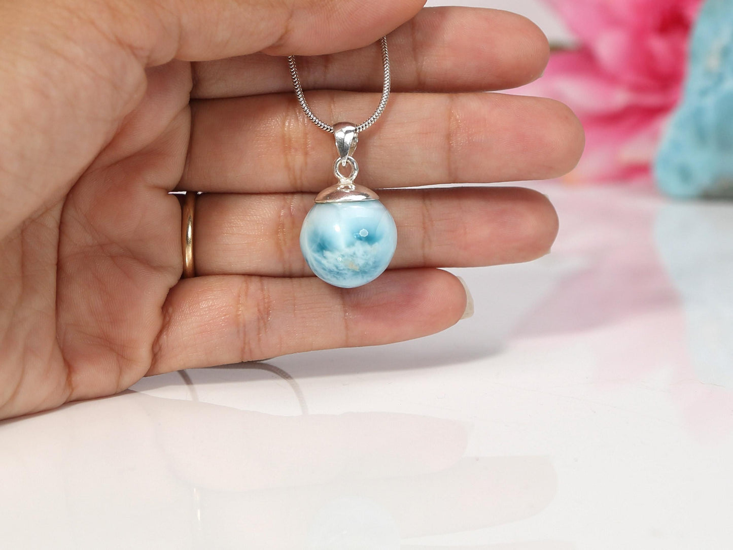 Ocean-Blue Larimar Sphere Pendant Necklace: AAA 925 Sterling Silver, Christmas gift