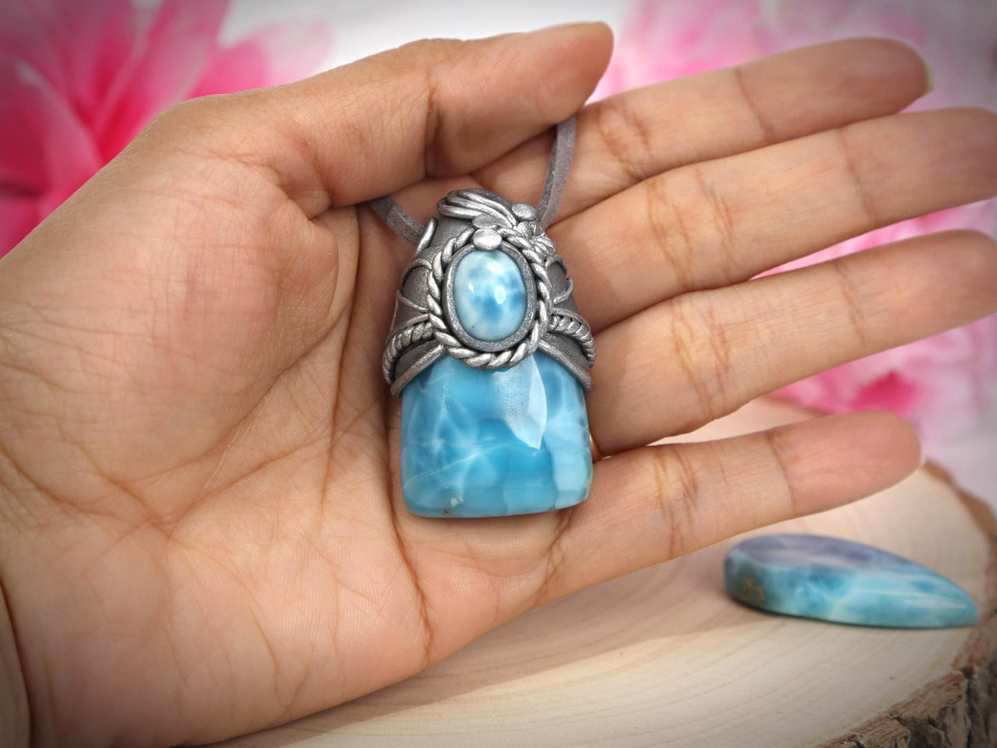 Double Larimar Stone Pendant, Polymer Clay, Crystal Talisman Pendant Necklace, Ocean Blue Larimar, Christmas gift