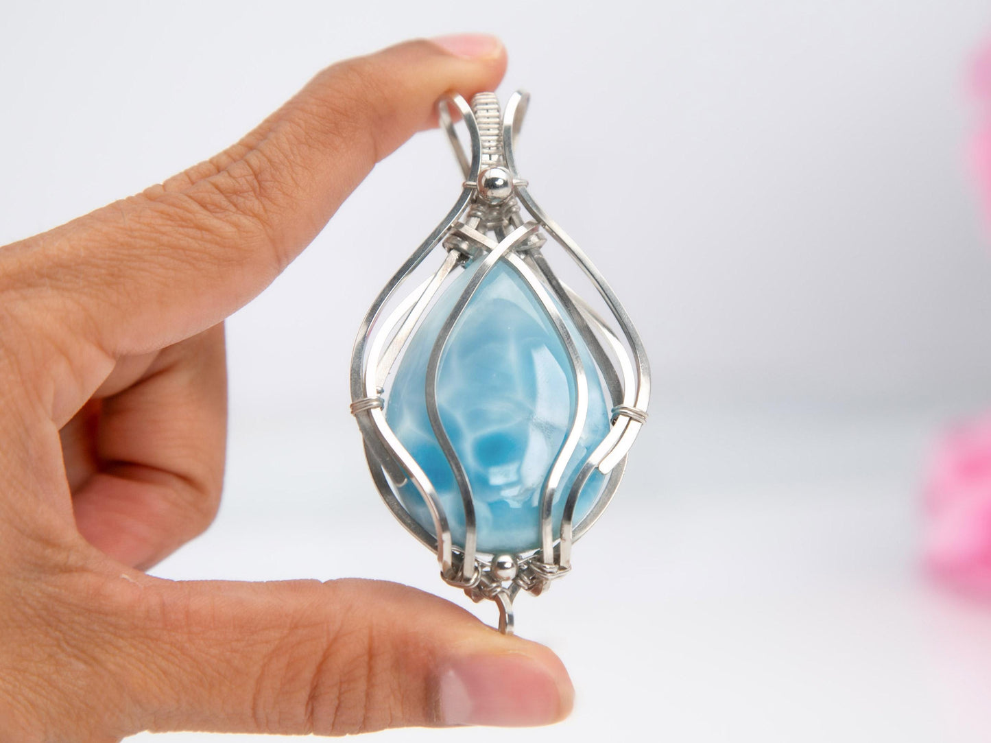 Larimar Pendant, Silver wire wrapped Statement Larimar necklace, Top grade Larimar, AAA Larimar, Christmas gift