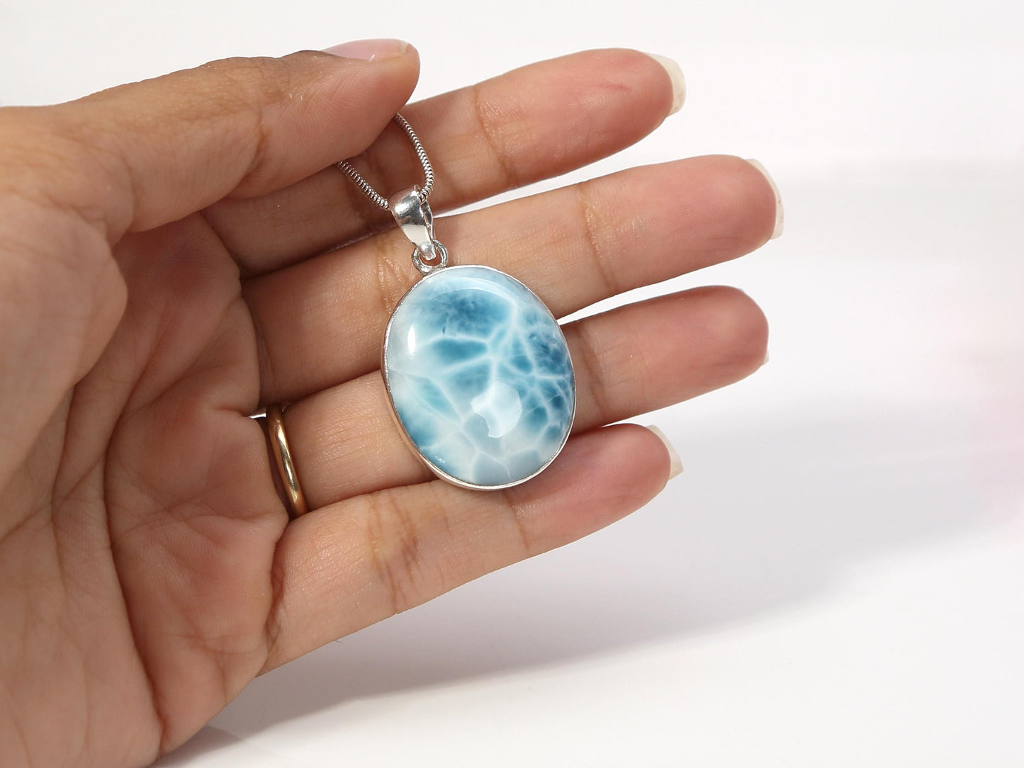 Ocean Blue Larimar Pendant: AAA Oval Sterling Silver Necklace, Christmas gift