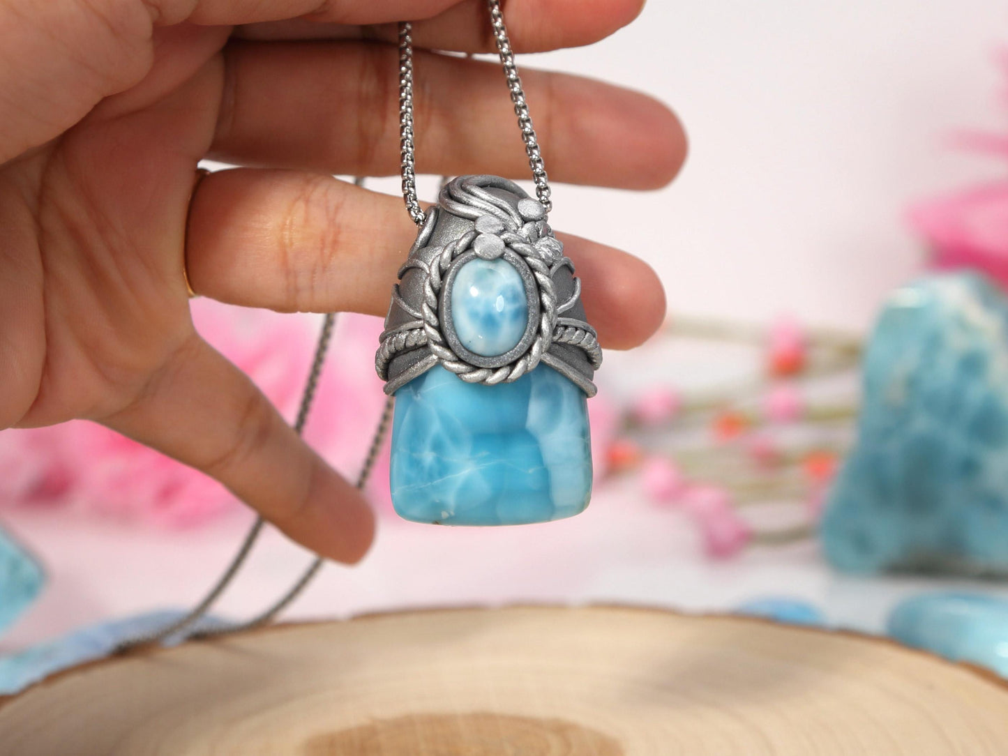 Double Larimar Stone Pendant, Polymer Clay, Crystal Talisman Pendant Necklace, Ocean Blue Larimar, Christmas gift