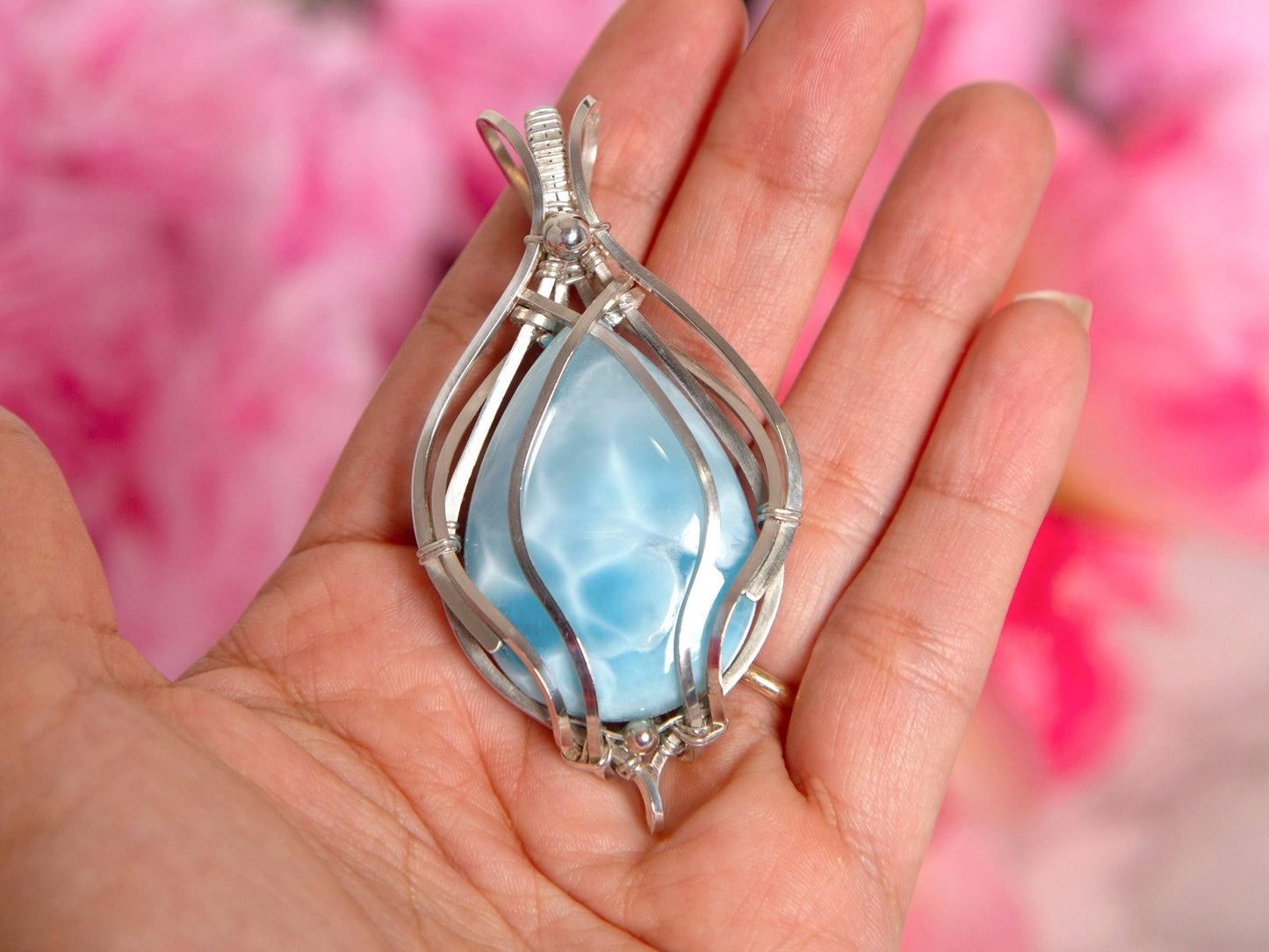 Larimar Pendant, Silver wire wrapped Statement Larimar necklace, Top grade Larimar, AAA Larimar, Christmas gift