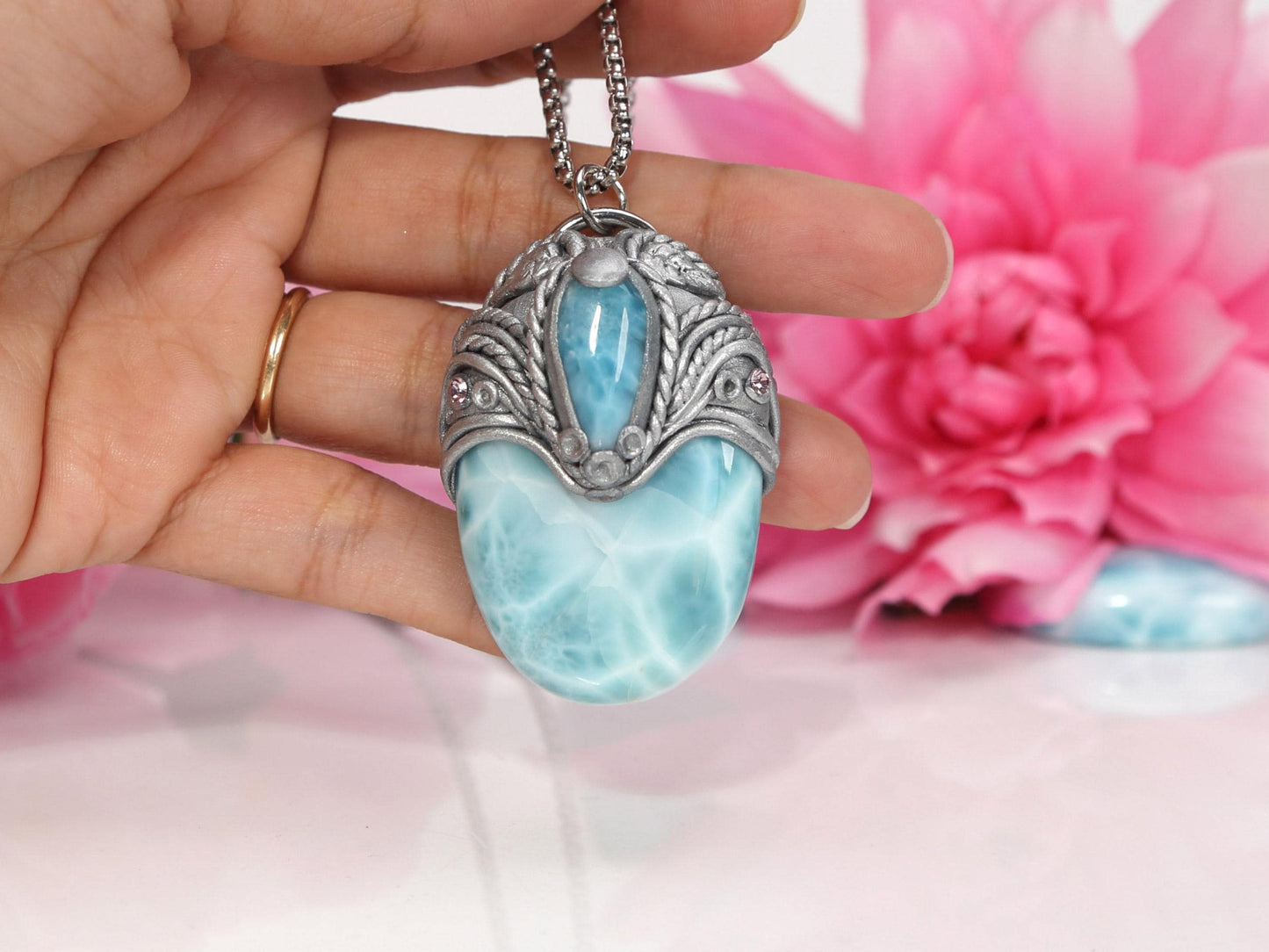 Big Double Larimar Stone Pendant, Polymer Clay, Crystal Talisman Pendant Necklace, Ocean Blue Larimar, Christmas gift