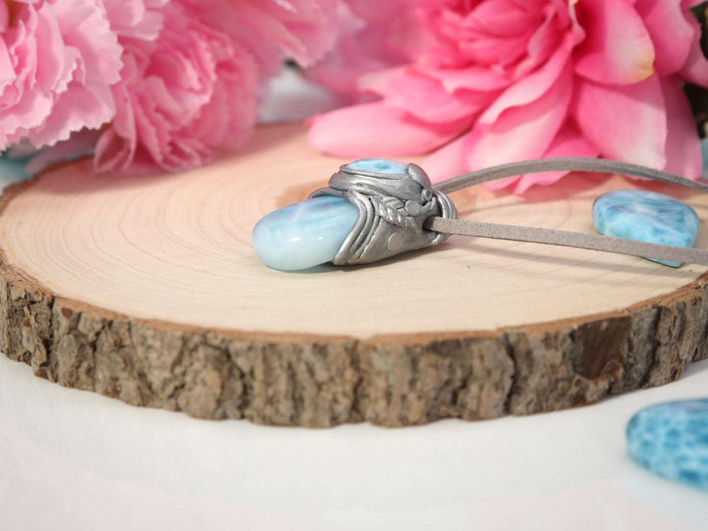 Double Larimar Stone Pendant, Polymer Clay, Crystal Talisman Pendant Necklace, Ocean Blue Larimar, Top grade Larimar, Christmas gift