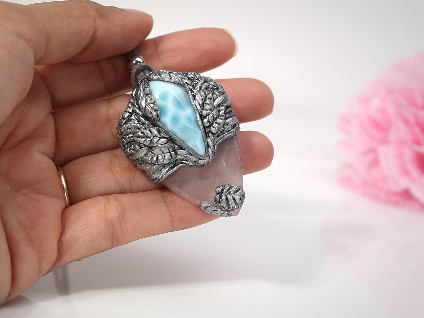 Pendentif en larimar et améthyste, collier talisman en pâte polymère et cristal, style punk, cadeau de Noël