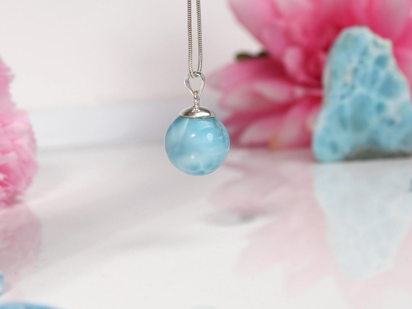 OCEAN BLUE Larimar Sphere Pendant Necklace, Top Grade Larimar Ball Pendant, AAA super Blue Larimar jewelry, Christmas gift