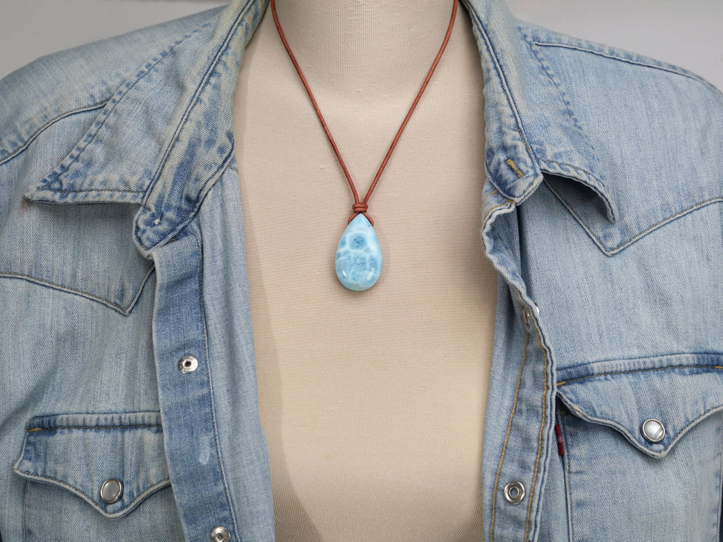 Leather Larimar Stone Pendant, Drilled Larimar, Boho Larimar Pendant Necklace with Leather Cord, Christmas gift