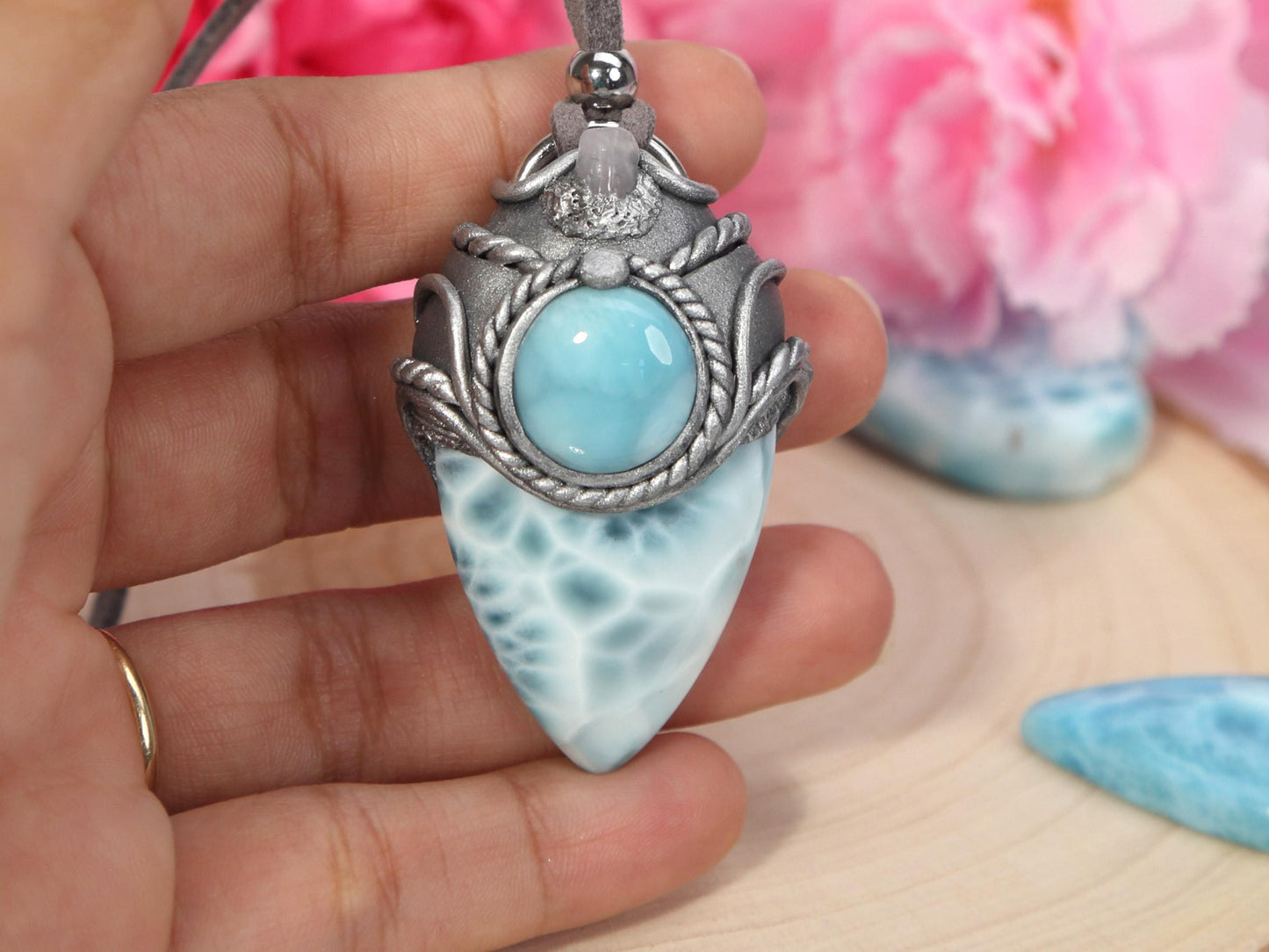 Double Larimar Stone Pendant, Polymer Clay, Crystal Talisman Pendant Necklace, Ocean Blue Larimar, Christmas gift