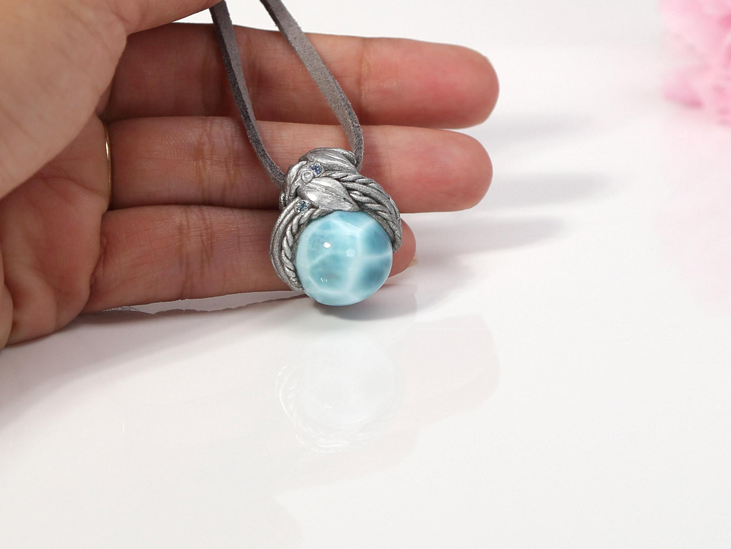 Larimar Sphere Pendant Necklace, Polymer Clay Crystal Necklace, AAA Top grade Larimar, Christmas gift