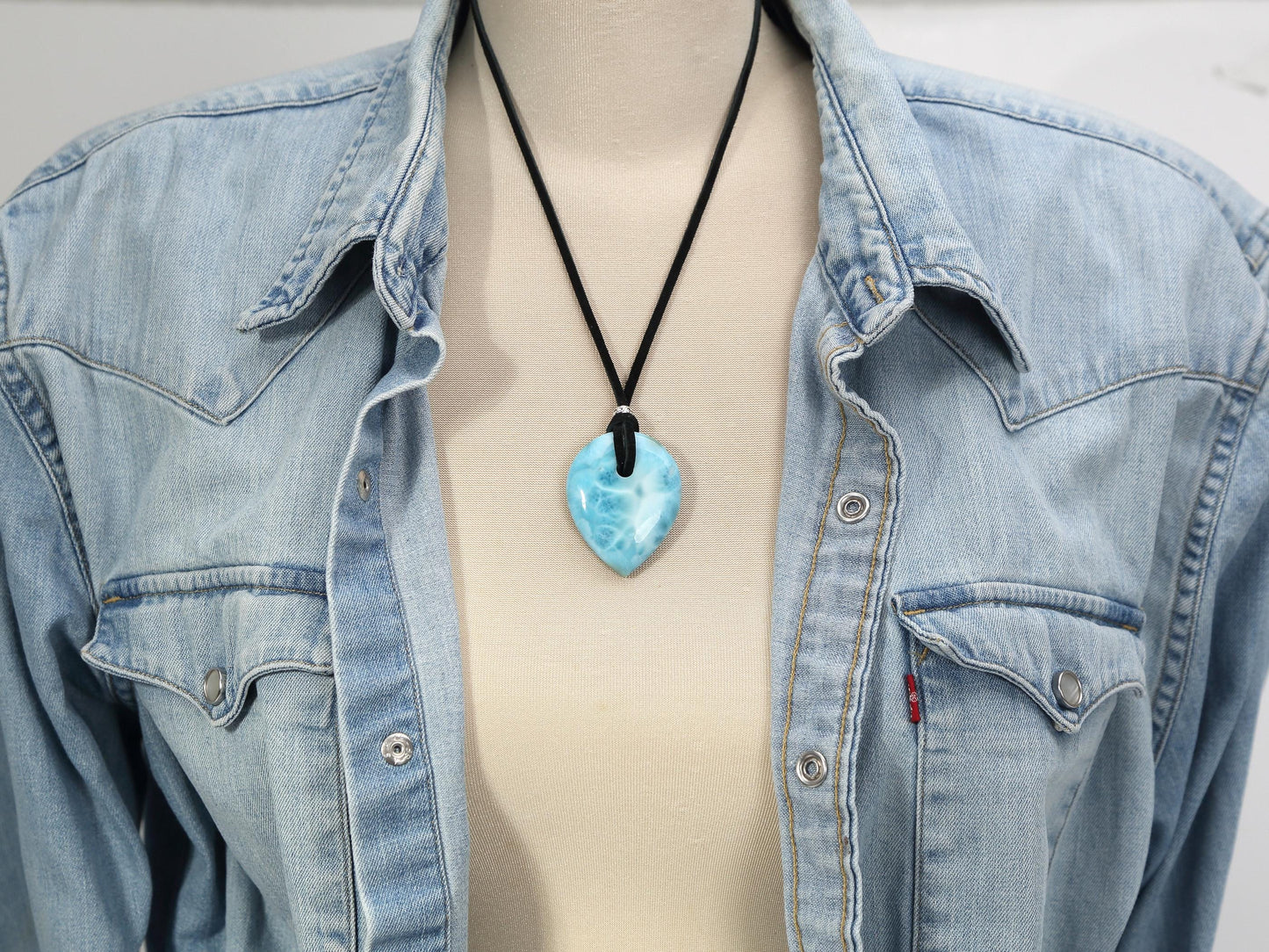 OCEAN-BLUE Drilled Teardrop Larimar Pendant with cord, Top-grade Larimar Stone Pendant Boho, Christmas gift