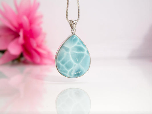 Soft-Blues Larimar Pear Pendant Necklace, Top Grade Larimar Stone Pendant Jewelry, Christmas gift