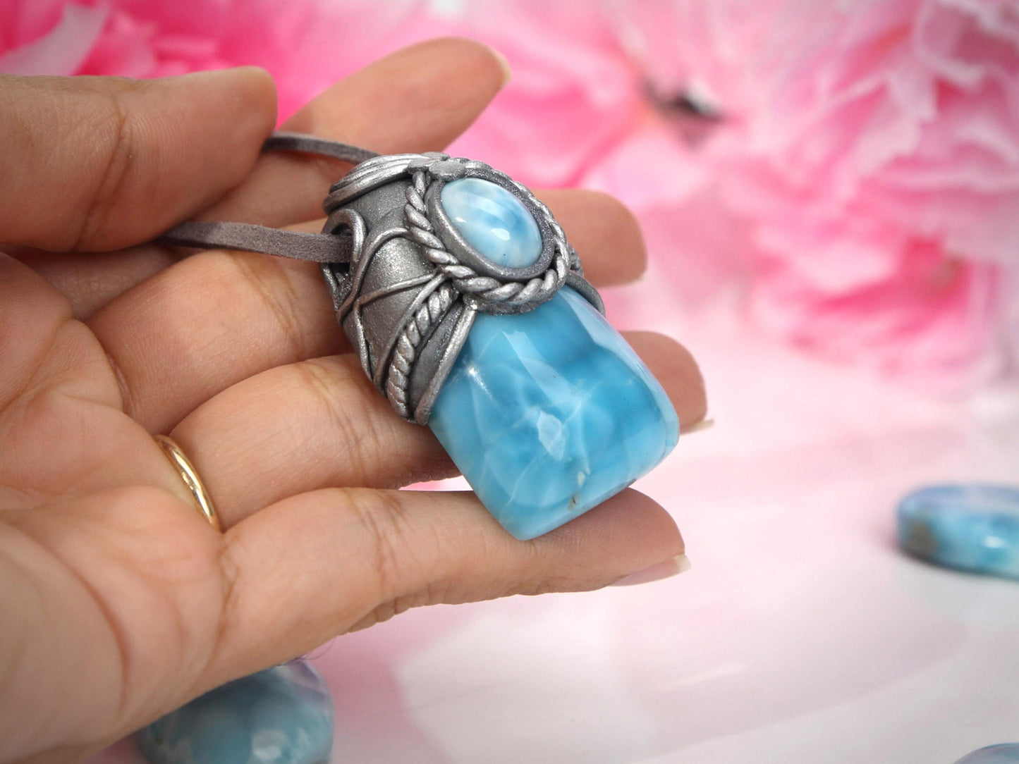 Double Larimar Stone Pendant, Polymer Clay, Crystal Talisman Pendant Necklace, Ocean Blue Larimar, Christmas gift