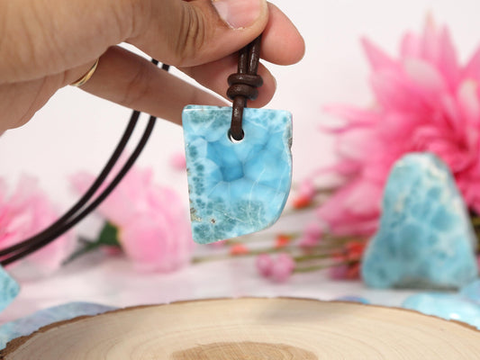 Rustic Leather Larimar Stone Pendant, Drilled Larimar, Men Boho Larimar Pendant Necklace with Leather Cord, Christmas gift