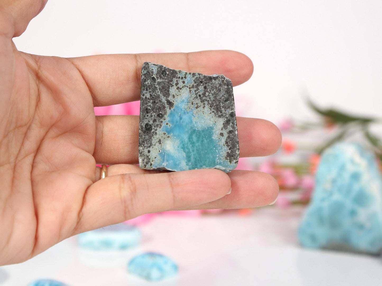 Deep Blue Front-Polished Larimar Slab, AAA Slice, Semi Polished Larimar, Super Blue Larimar, Christmas gift