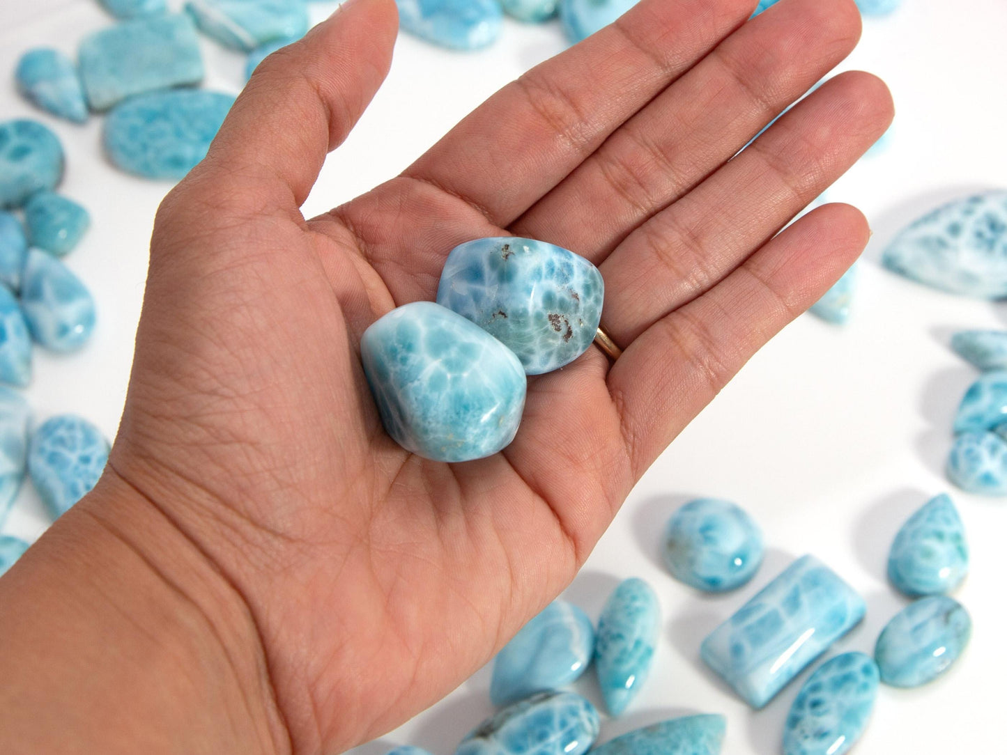 Two Ocean Blue Larimar Stone Tumbles: Turtleback Pattern Gemstone Set, Christmas gift