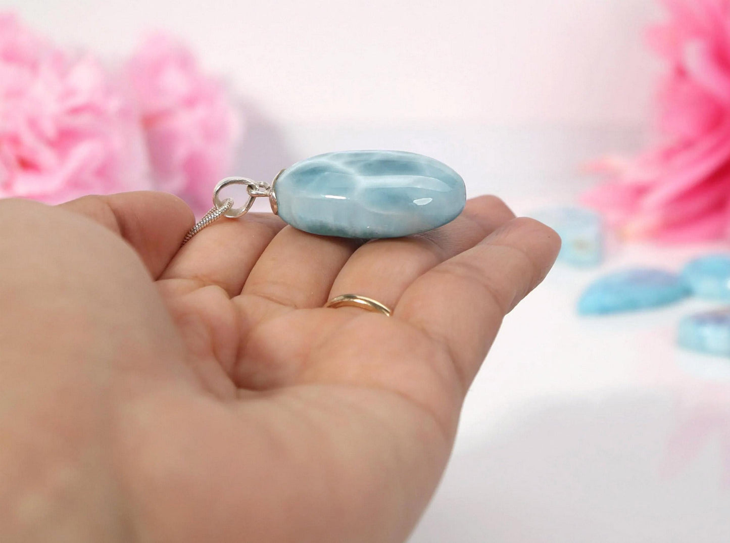 Ocean Blue  Larimar Pendant Necklace: Oval Sterling Silver, Christmas gift