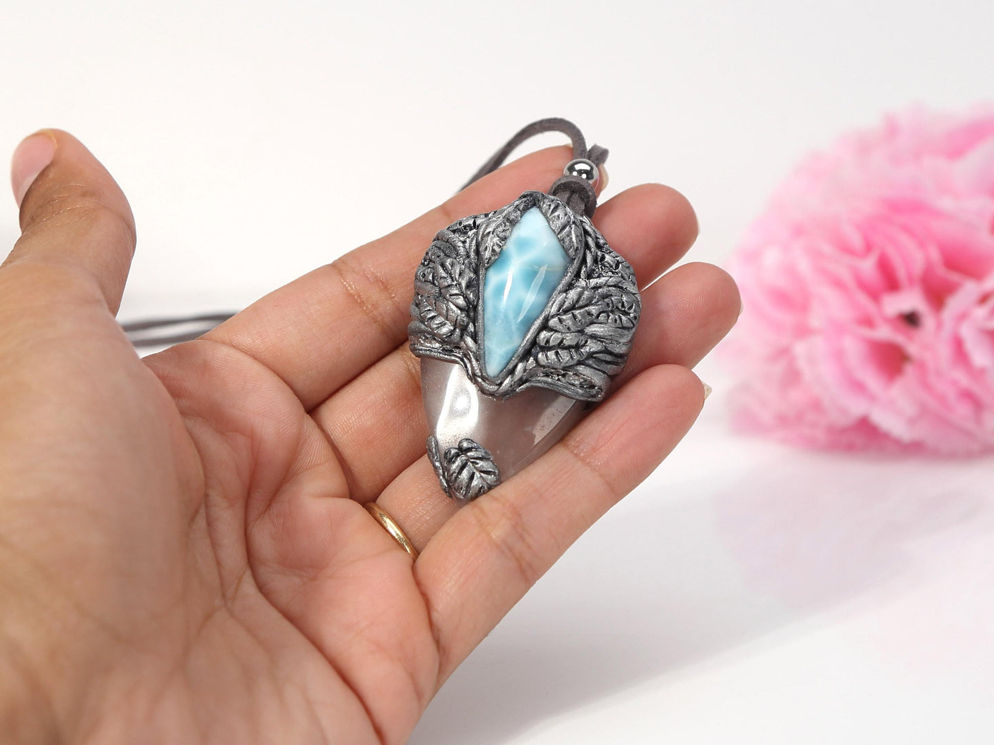 Pendentif en larimar et améthyste, collier talisman en pâte polymère et cristal, style punk, cadeau de Noël
