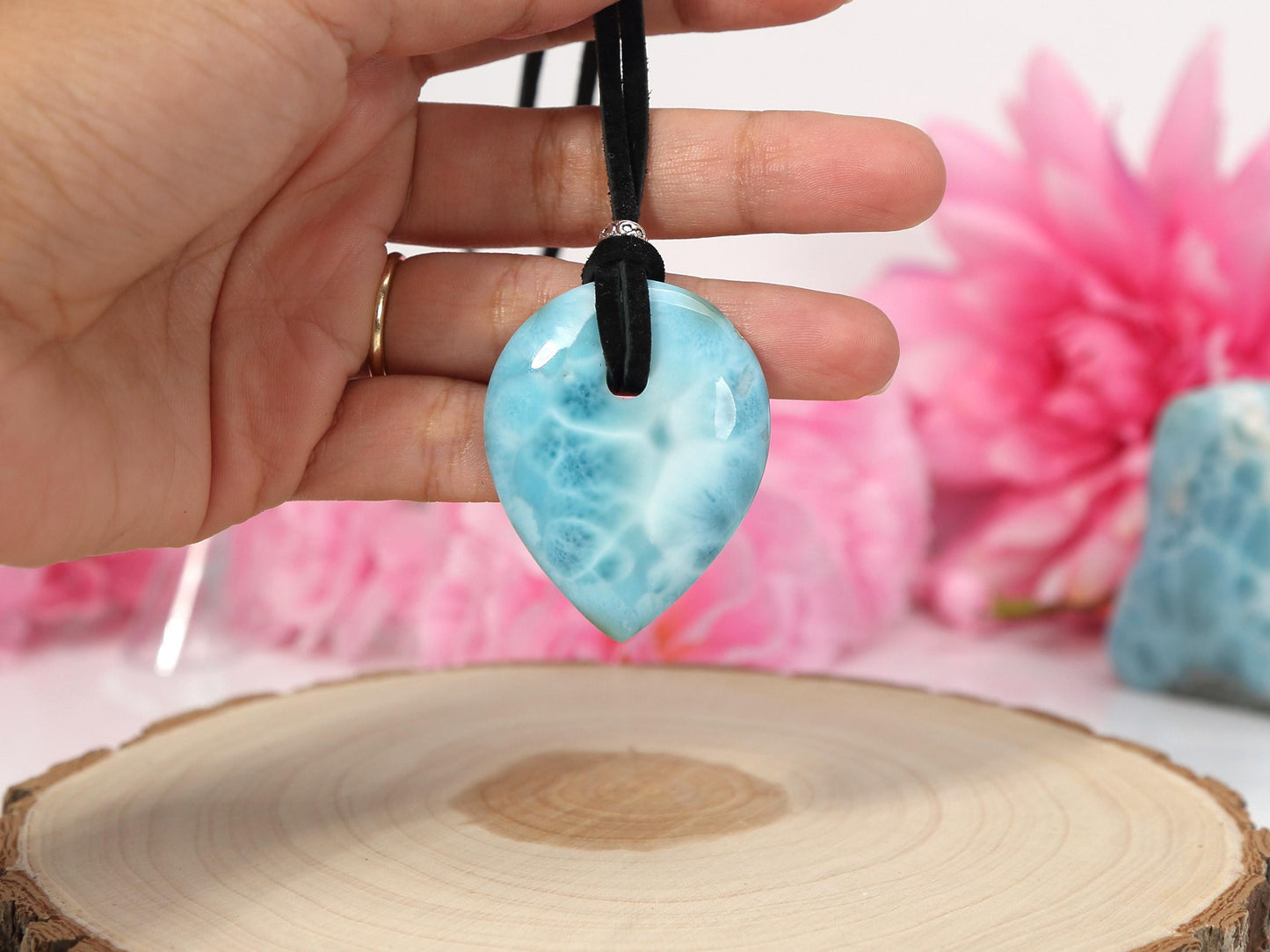 OCEAN-BLUE Drilled Teardrop Larimar Pendant with cord, Top-grade Larimar Stone Pendant Boho, Christmas gift