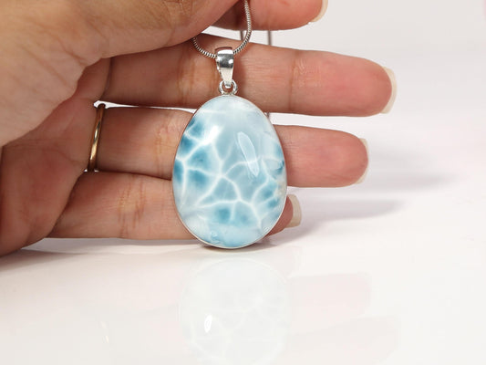 Ocean Blue Larimar Pendant: Sterling Silver Larimar Freeform Necklace, Christmas gift