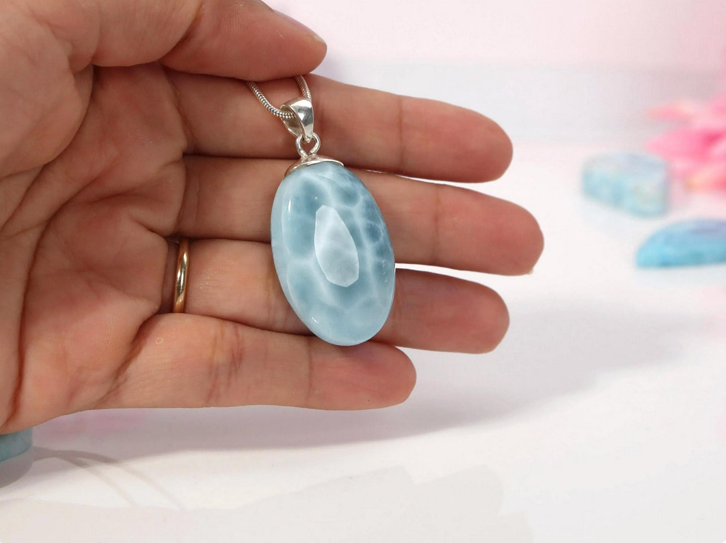 Ocean Blue  Larimar Pendant Necklace: Oval Sterling Silver, Christmas gift