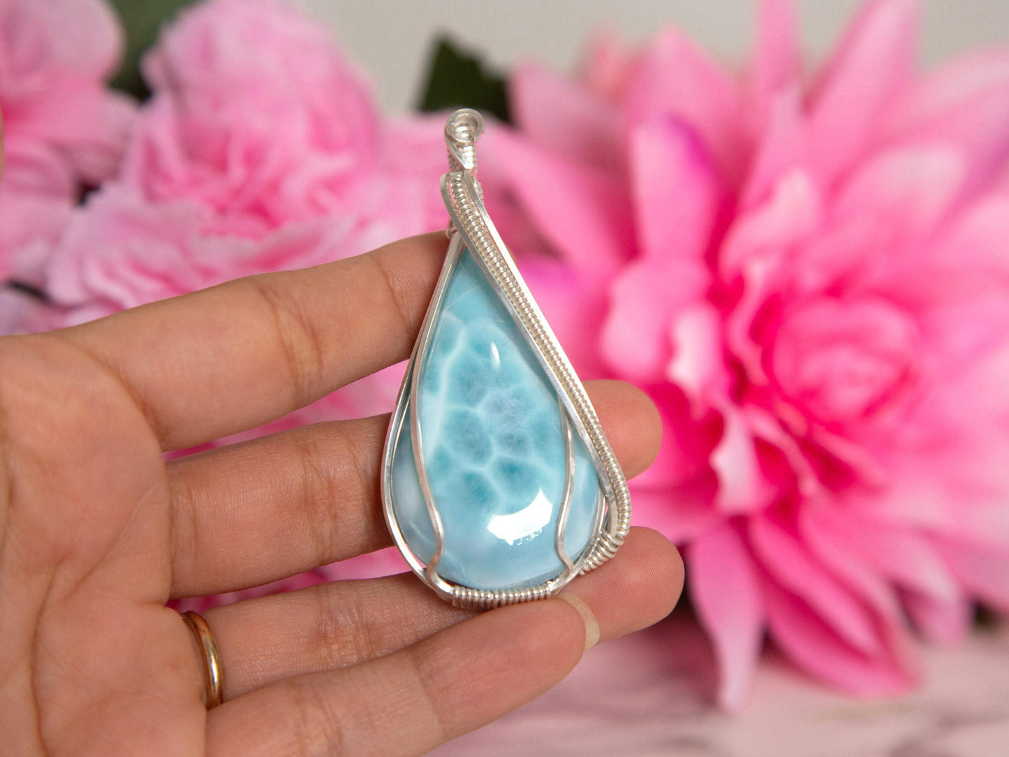 Larimar Statement Pendant, Silver wire wrapped  Larimar necklace, Top grade Larimar, AAA Larimar, Christmas gift