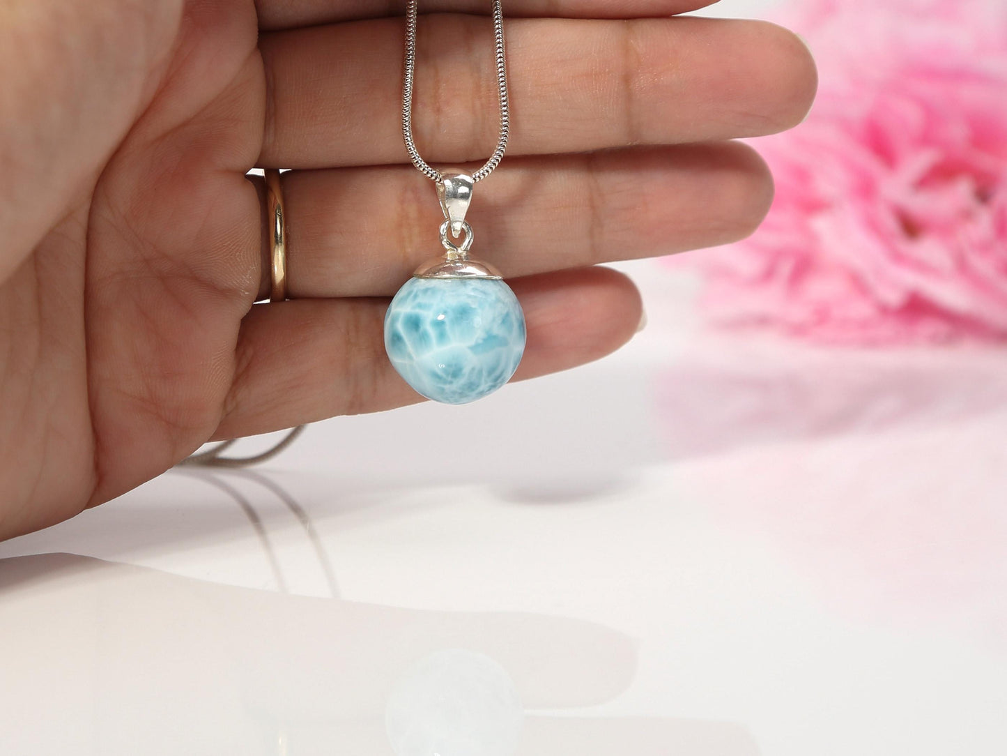 Ocean-Blue Larimar Sphere Pendant Necklace: AAA 925 Sterling Silver, Christmas gift