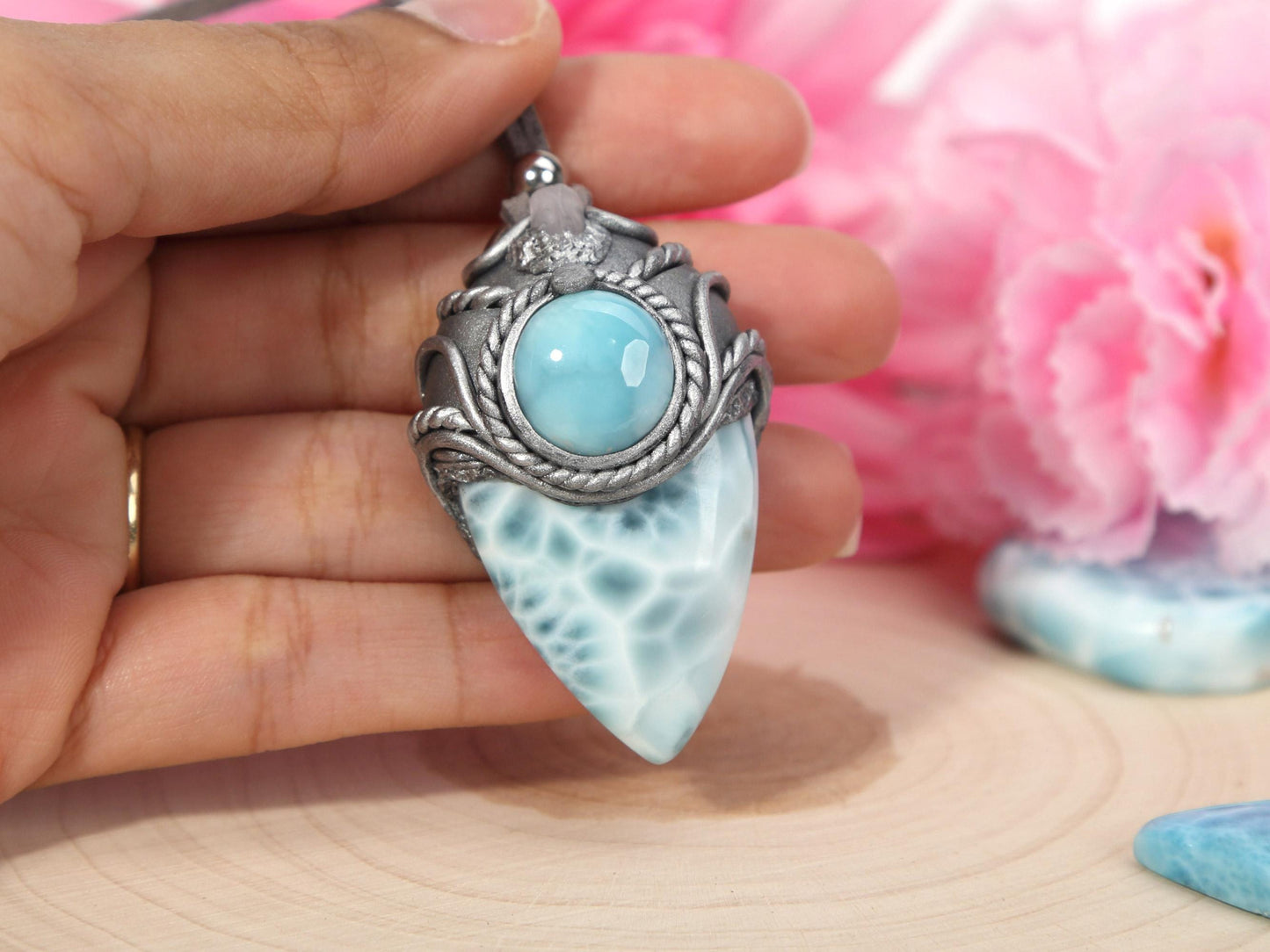 Double Larimar Stone Pendant, Polymer Clay, Crystal Talisman Pendant Necklace, Ocean Blue Larimar, Christmas gift