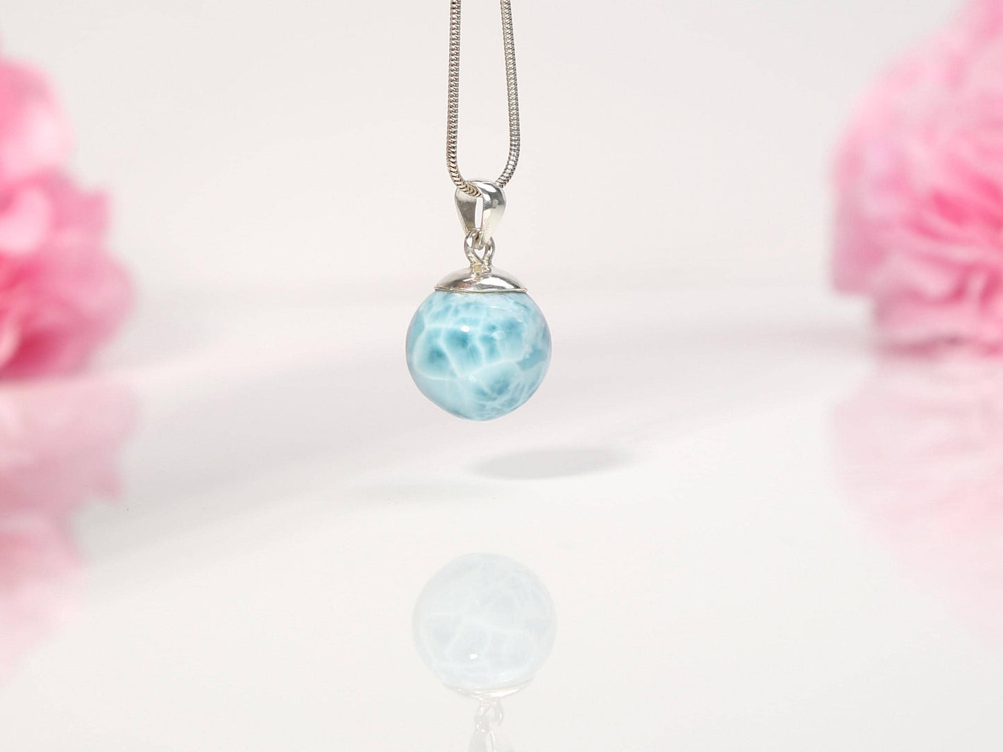 Ocean-Blue Larimar Sphere Pendant Necklace: AAA 925 Sterling Silver, Christmas gift